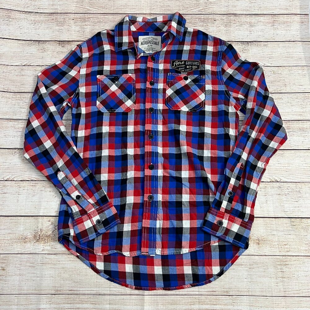Aeropostale Mens Small Red Blue White Plaid Flannel Button Shirt Long Sleeve